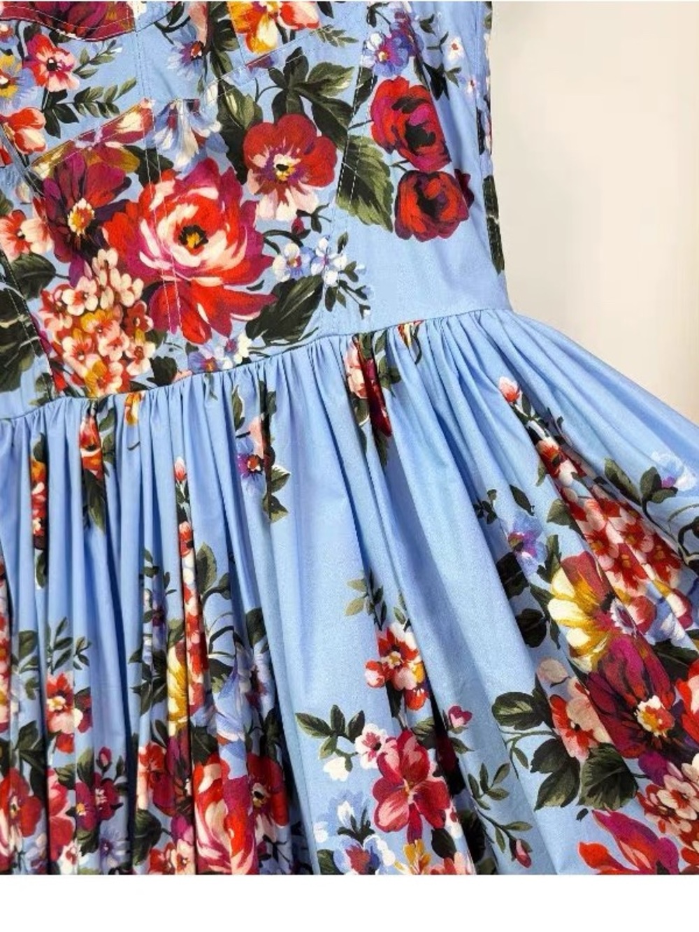 Luxury 100% Cotton Blue Floral Maxi Dress with Red Rose Print - Picture 10 of 14